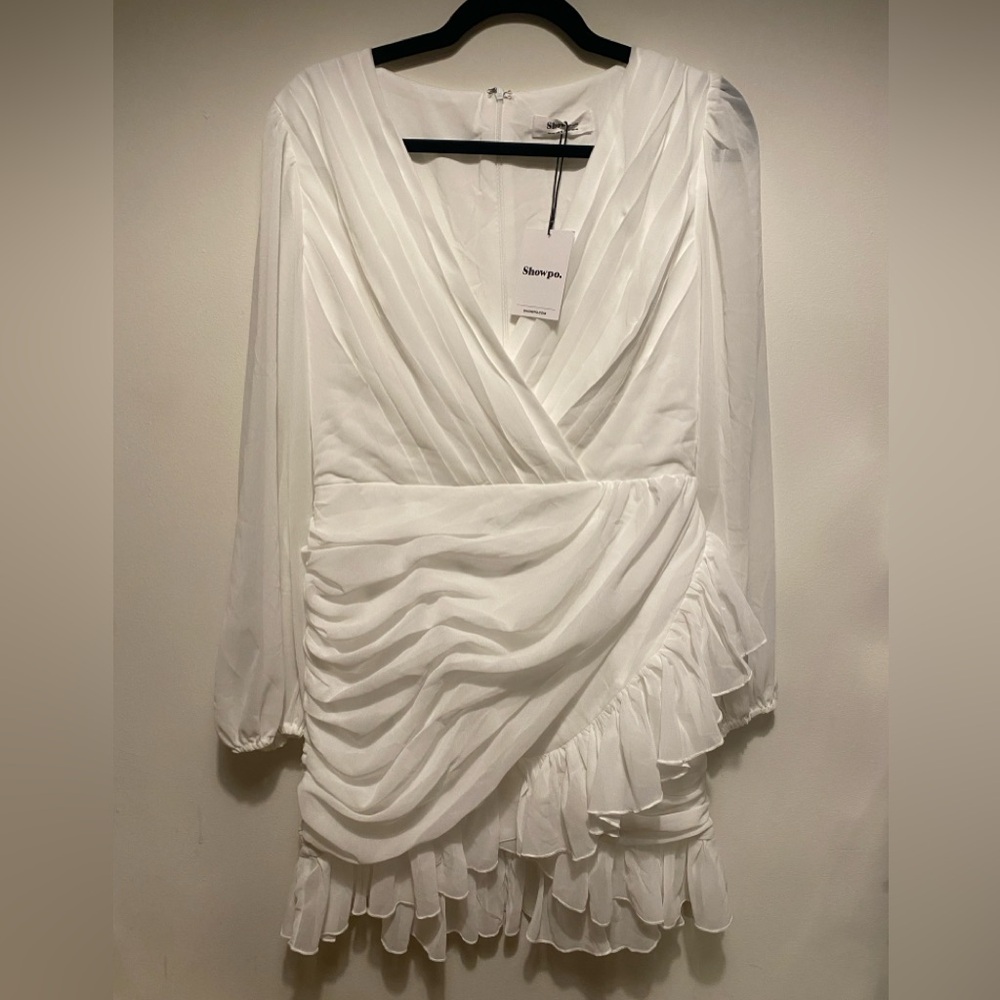 Showpo - Can I Be Your Honey Mini Dress - Plunge Sleeve Dress in White, Size 8